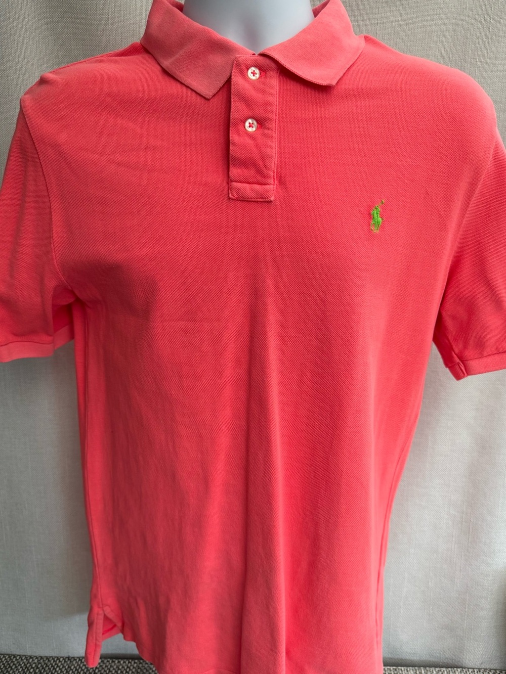 Boy's Ralph Lauren coral polo with bright green pony